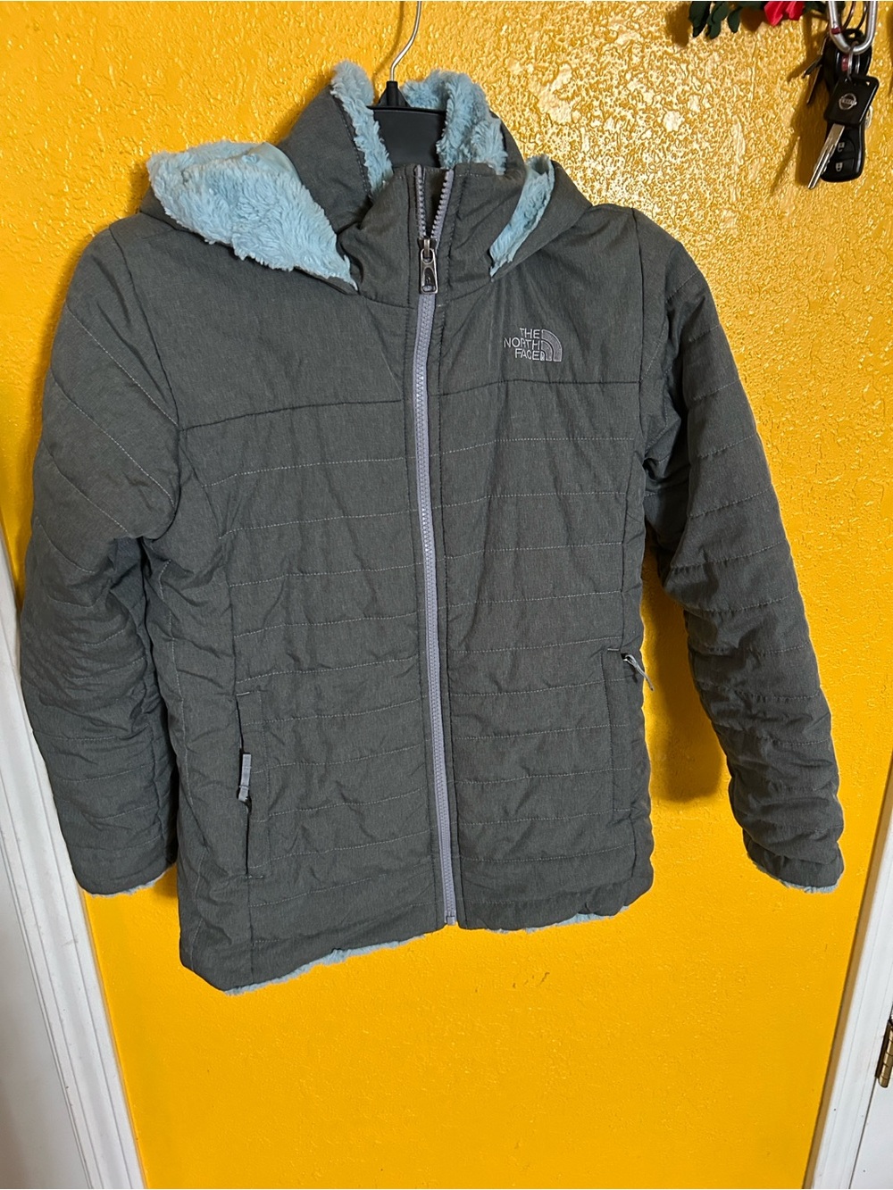The North Face Charcoal Quilted Jacket with Light Blue Faux Fur Hood